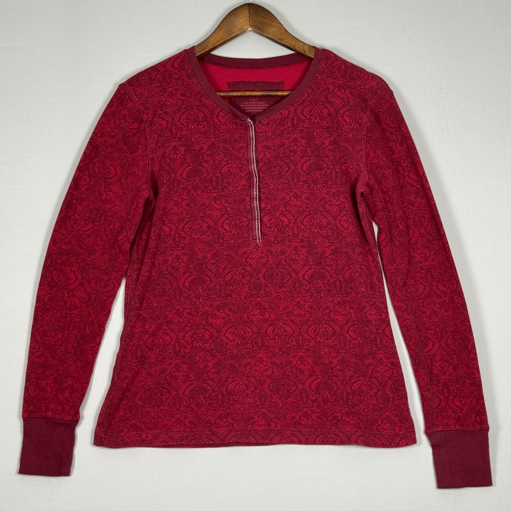 Eddie Bauer Henley Top Women Large Red Damask Waffle Knit Excellent Y2K Style